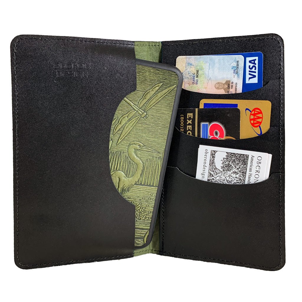 Oberon Design Large Leather Smartphone Wallet, Dragonfly Pond. Interior with Phone & Cards