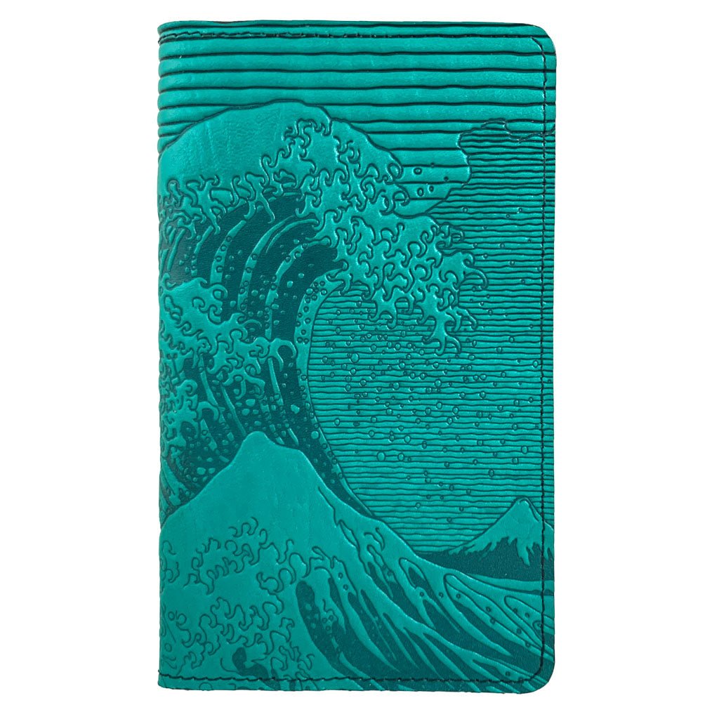 Oberon Design Large Leather Smartphone Wallet, Hokusai Wave, Navy