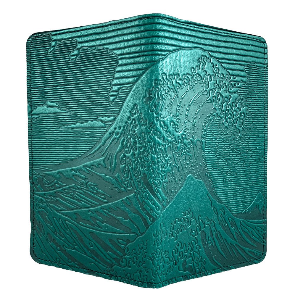 Oberon Design Large Leather Smartphone Wallet, Hokusai Wave, Teal, Open