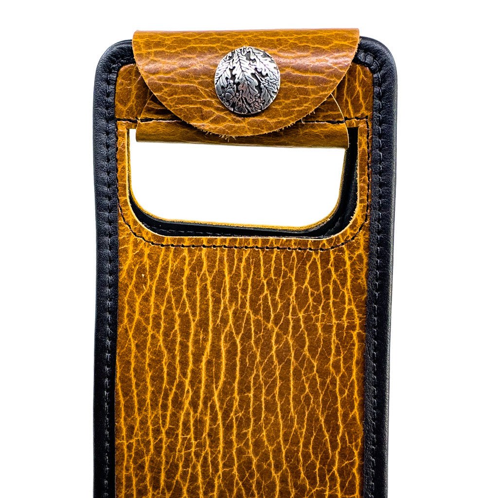 bison in tobacco with black binding carrier bag button detail