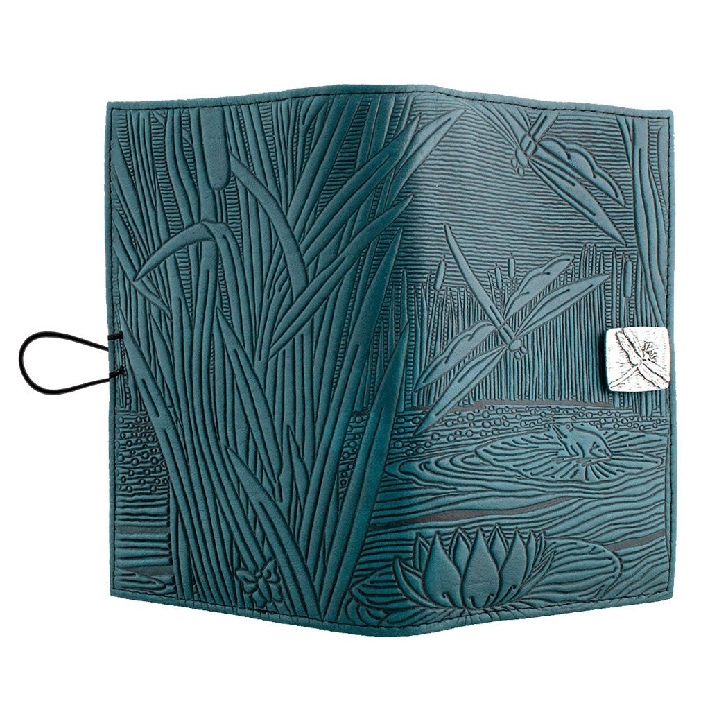 Oberon Design Premium Leather Women's Wallet, Dragonfly Pond, Blue - Open
