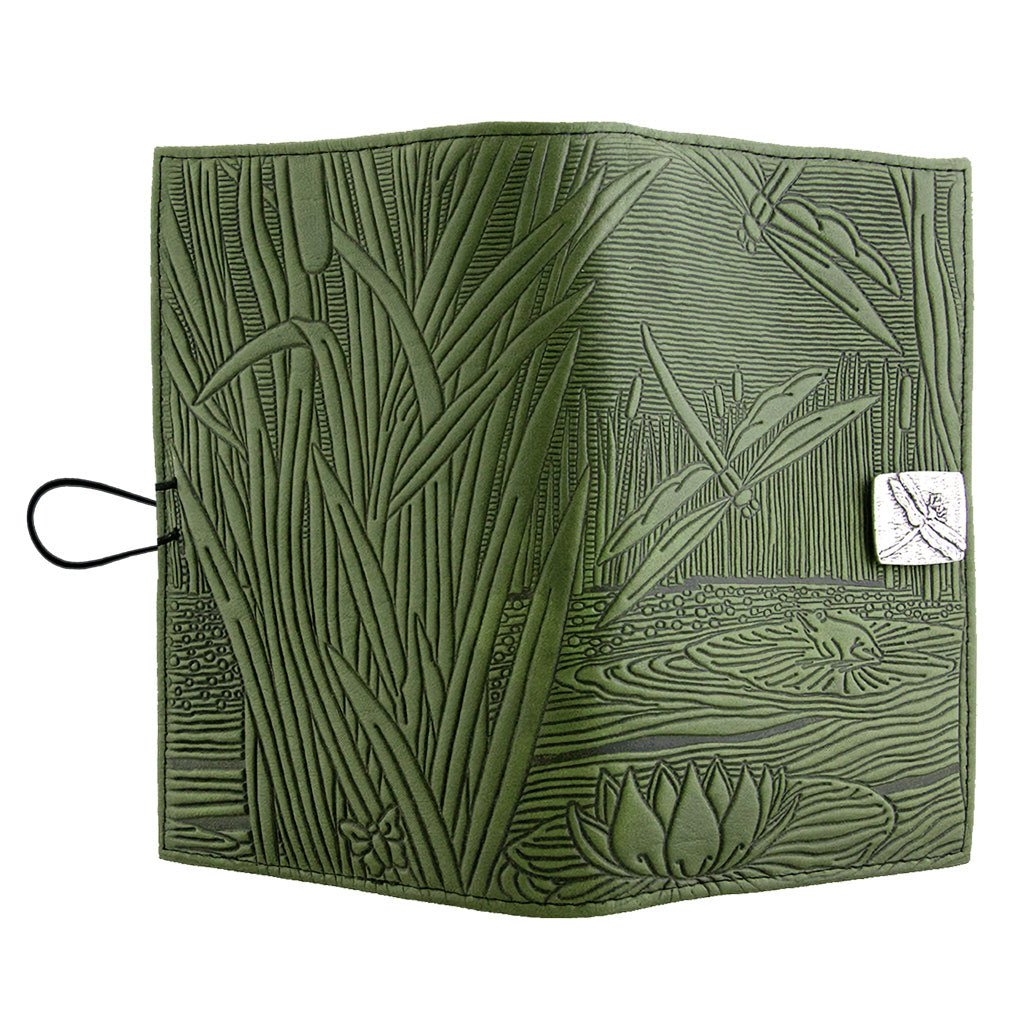Oberon Design Premium Leather Women's Wallet, Dragonfly Pond, Fern - Open