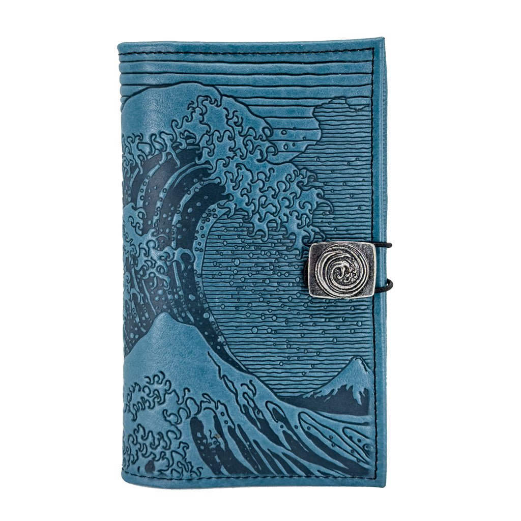 Oberon Design Premium Leather Women's Wallet, Hokusai Wave, Navy