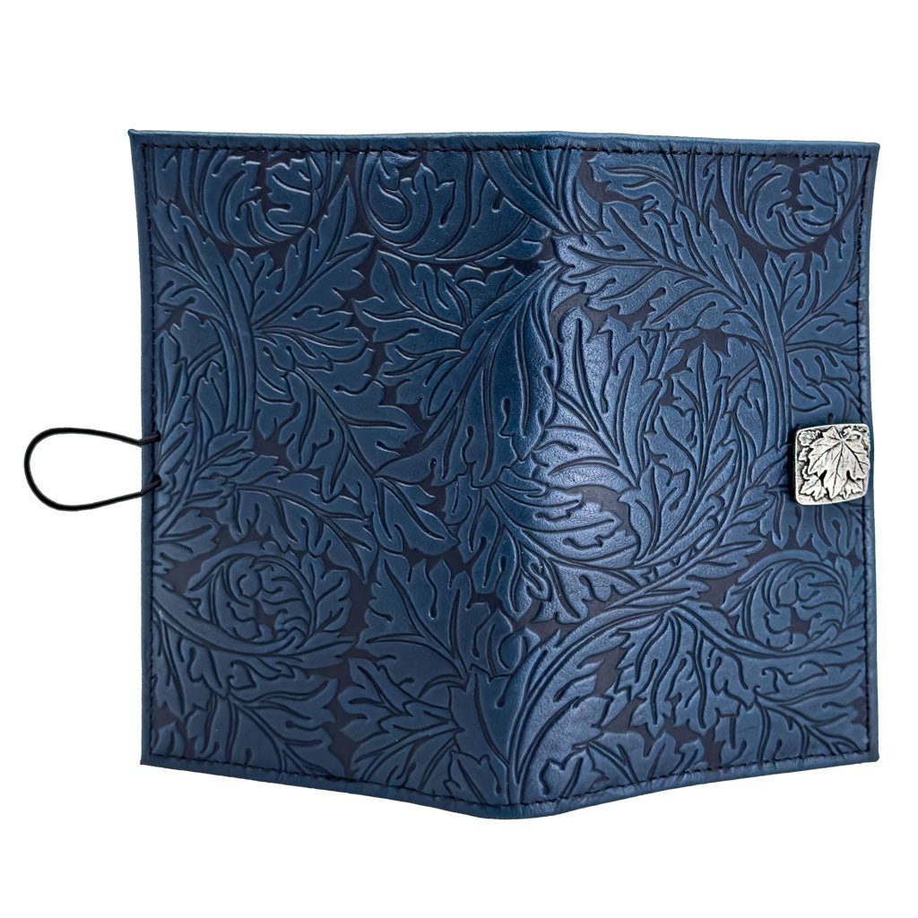 Oberon Design Premium Leather Women's Wallet, Acanthus Leaf, Navy, Open