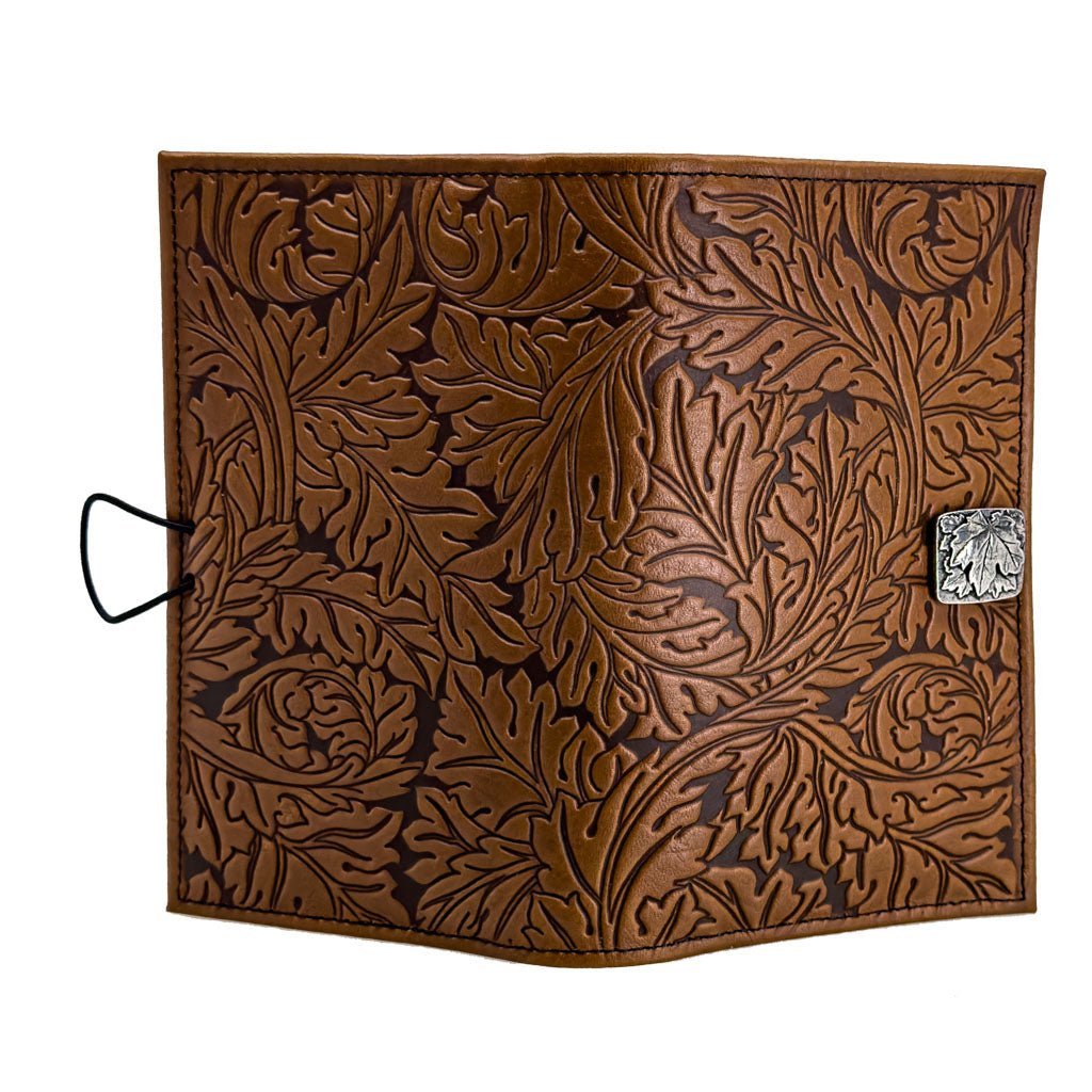 Oberon Design Premium Leather Women's Wallet, Acanthus Leaf, Saddle - Open