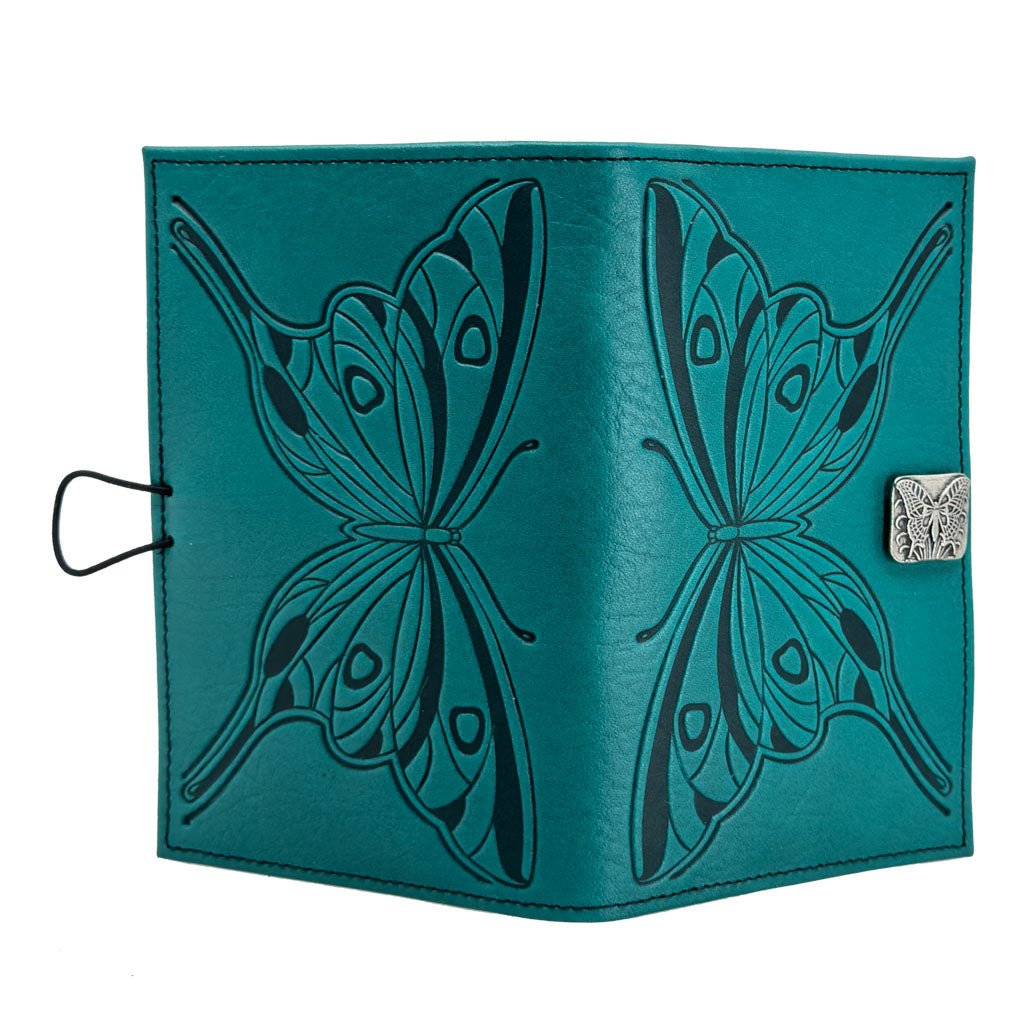 Oberon Design Premium Leather Women's Wallet, Butterfly, Teal, Open