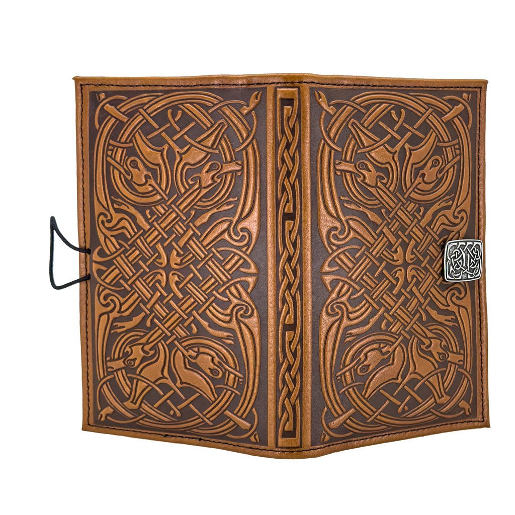 Oberon Design Premium Leather Women's Wallet, Celtic Hounds, Saddle, Open