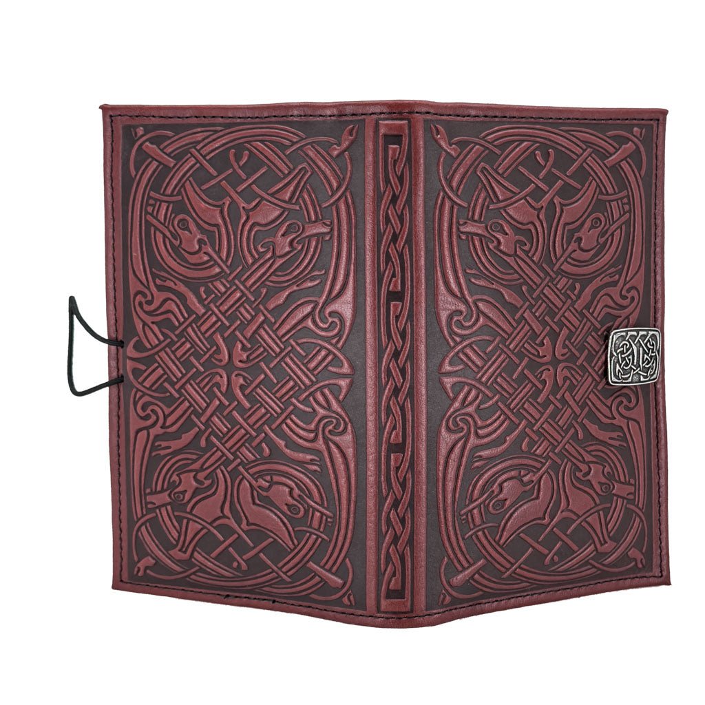 Oberon Design Premium Leather Women's Wallet, Celtic Hounds, Wine, Open