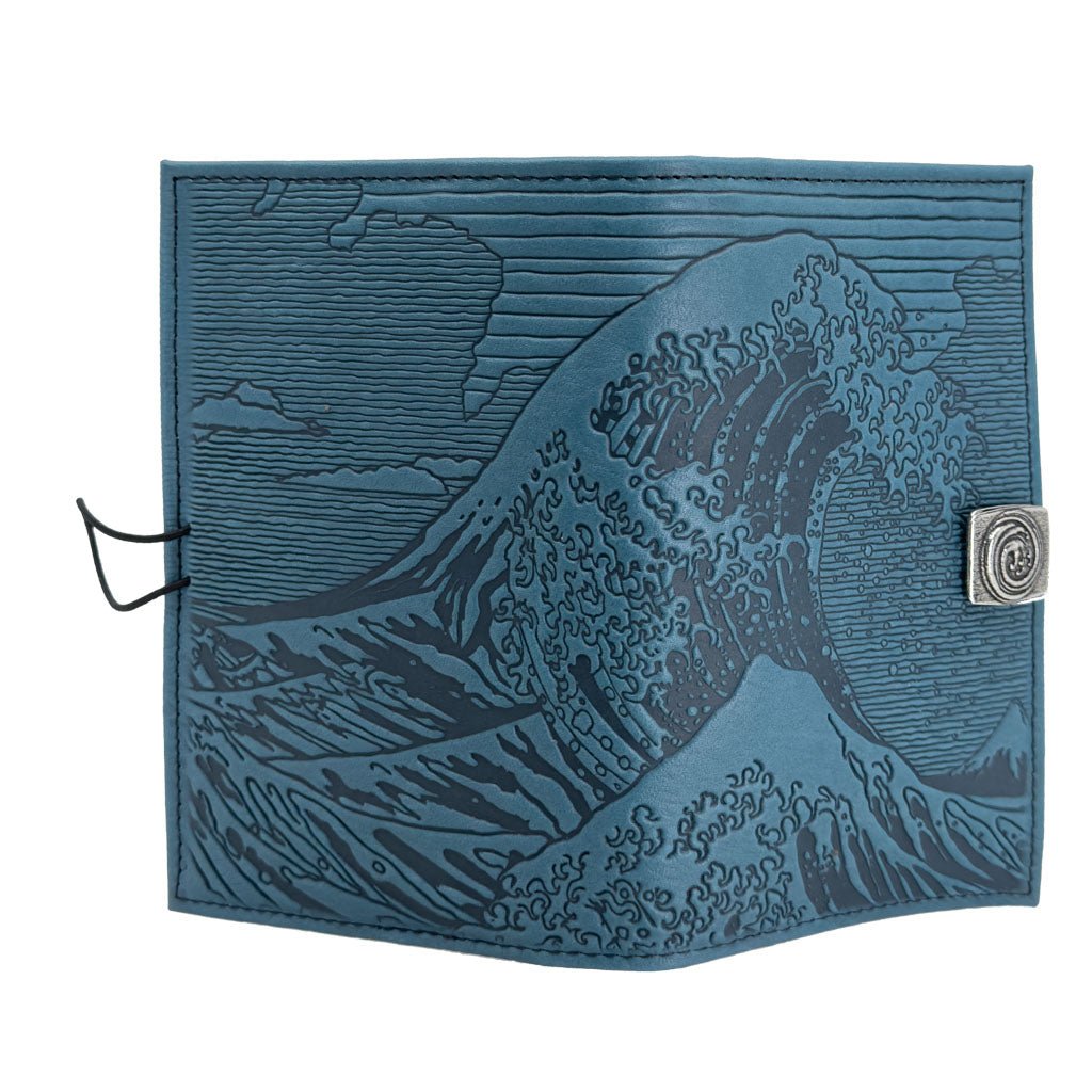 Oberon Design Premium Leather Women's Wallet, Hokusai Wave, Blue, Open