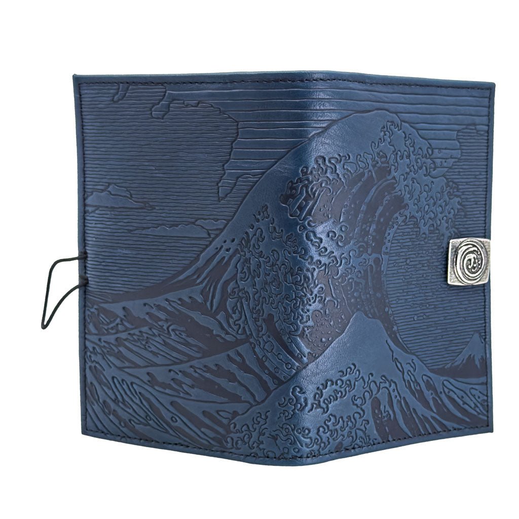Oberon Design Premium Leather Women's Wallet, Hokusai Wave, Navy, Open