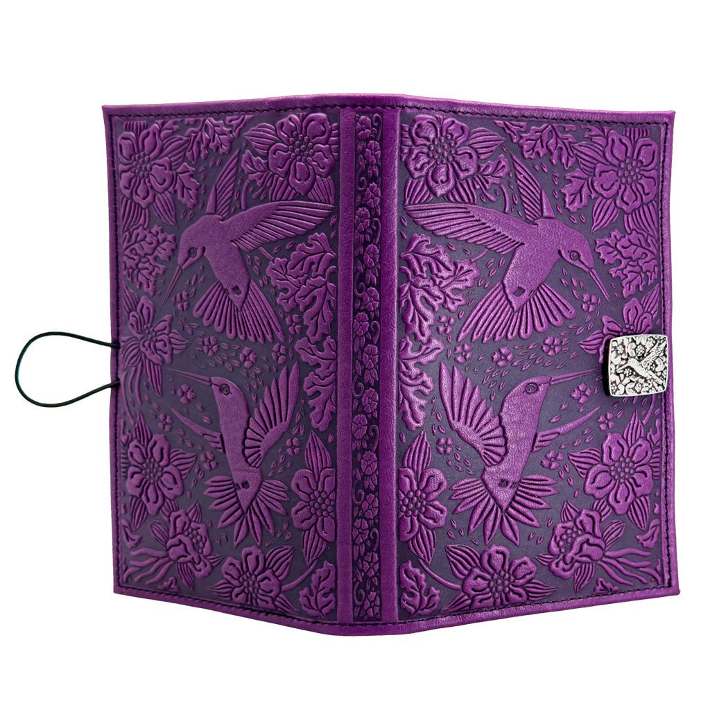 Oberon Design Premium Leather Women's Wallet, Hummingbirds, Orchid - Open