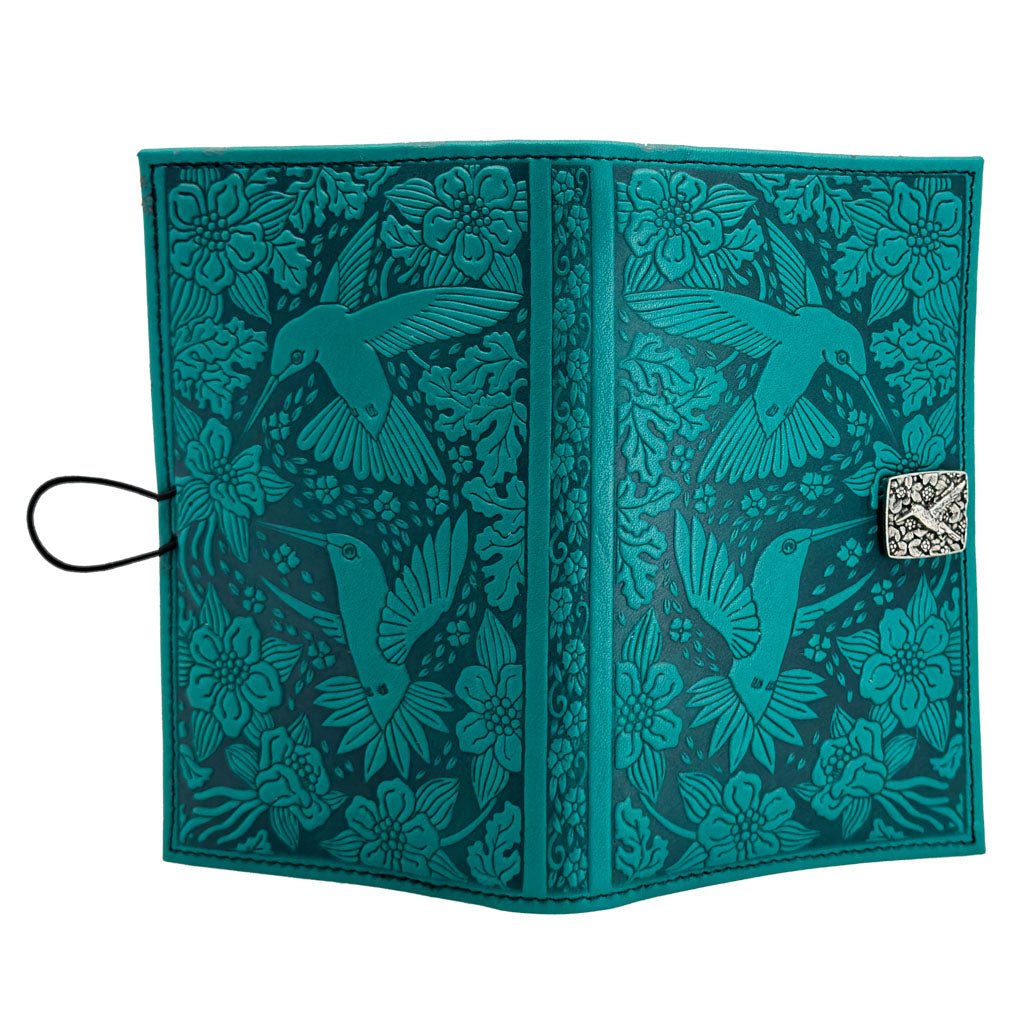 Oberon Design Premium Leather Women's Wallet, Hummingbirds, Teal, Open