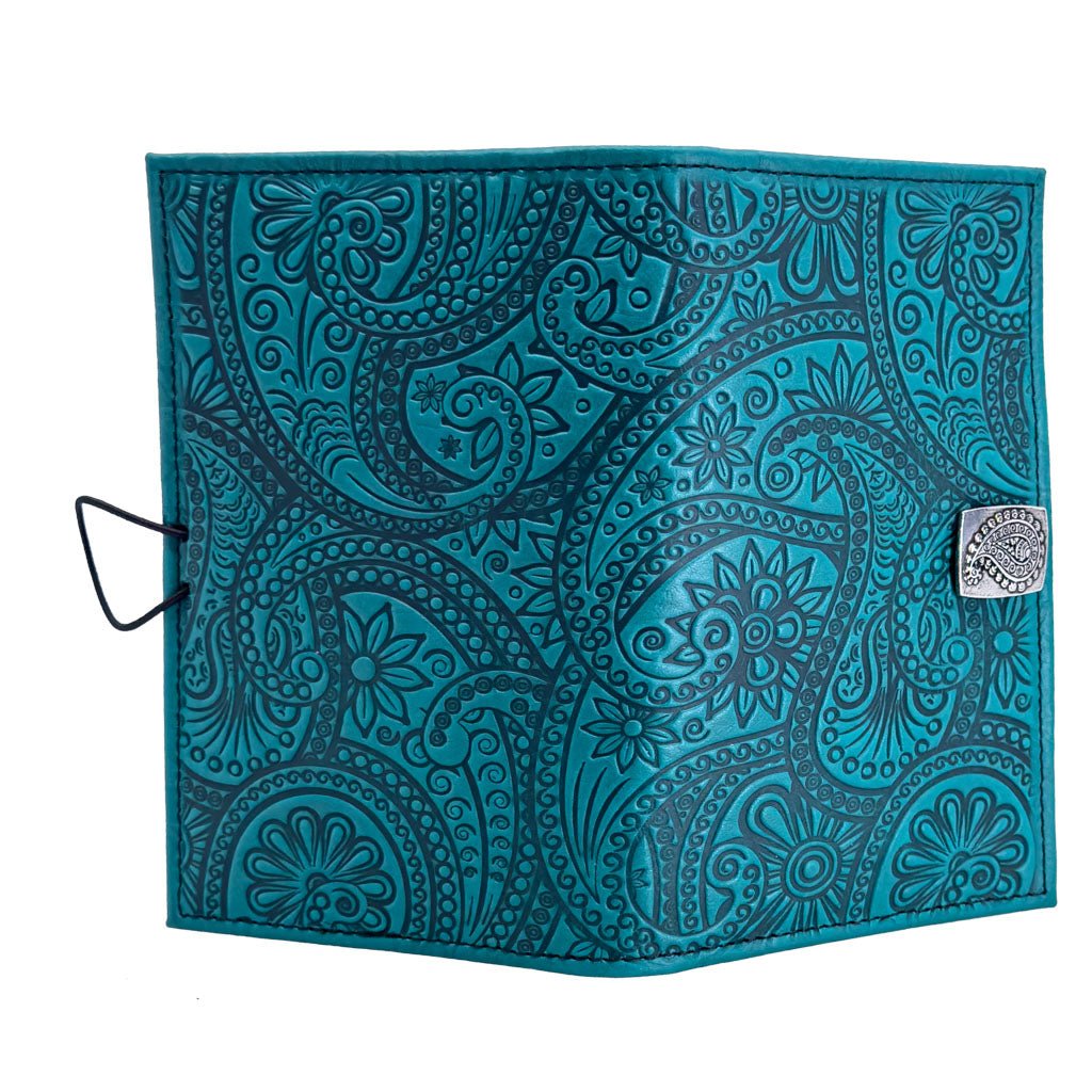 Oberon Design Premium Leather Women's Wallet, Paisley, Teal - Open