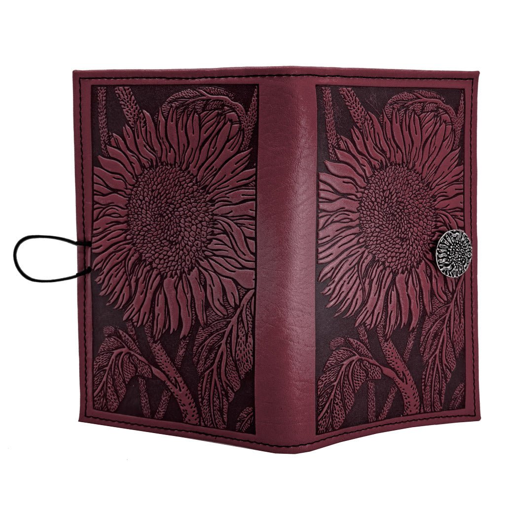 Oberon Design Premium Leather Women's Wallet, Sunflower, Wine - Open