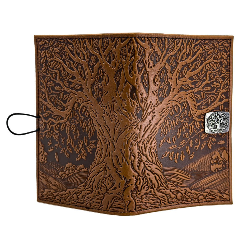 Oberon Design Premium Leather Women's Wallet, Tree of Life, Saddle - Open