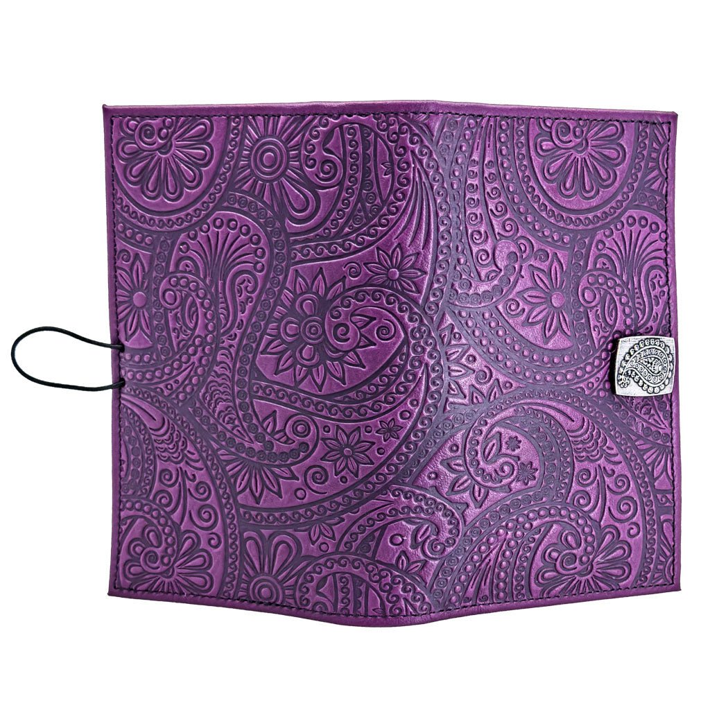 Oberon Design Premium Leather Women's Wallet, Paisley, Orchid- Open