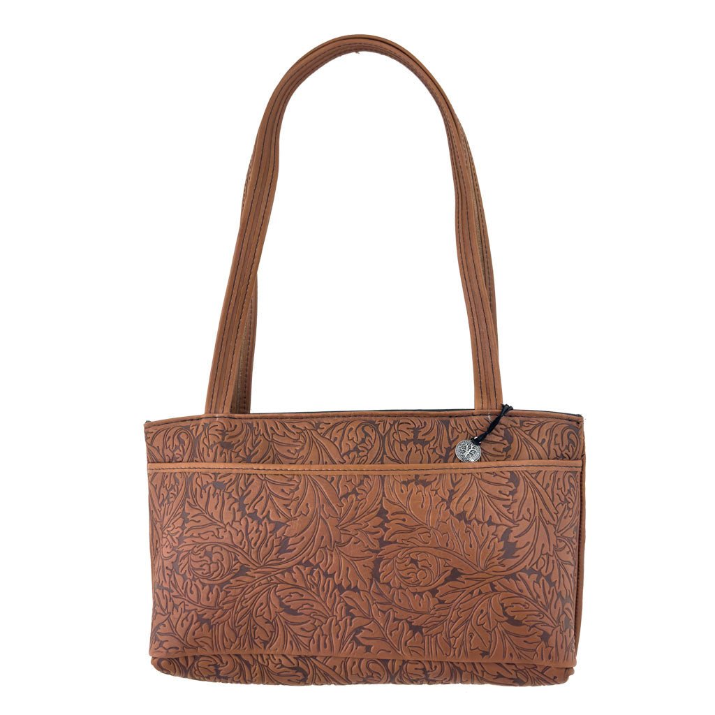 Oberon Design Leather Women's Handbag, Acanthus Streamline, Saddle, Back with Pocket