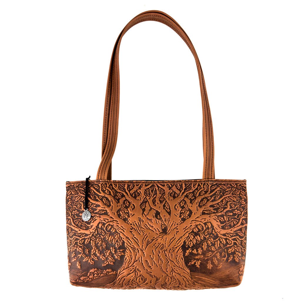 Oberon Design Leather Women's Handbag, Tree of Life Streamline, Saddle