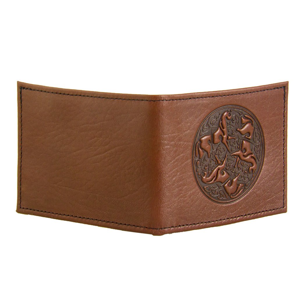 Oberon Design Leather Men's Wallet, Celtic Horses, Saddle - OPen