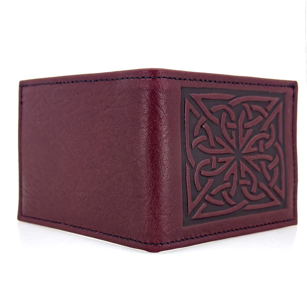 Oberon Design Leather Men's Wallet, Celtic Weave, Wine - Open