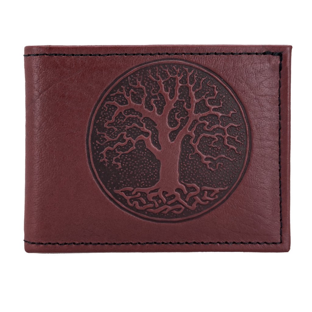 Oberon Design Leather Men's Wallet, Tree of Life, Wine