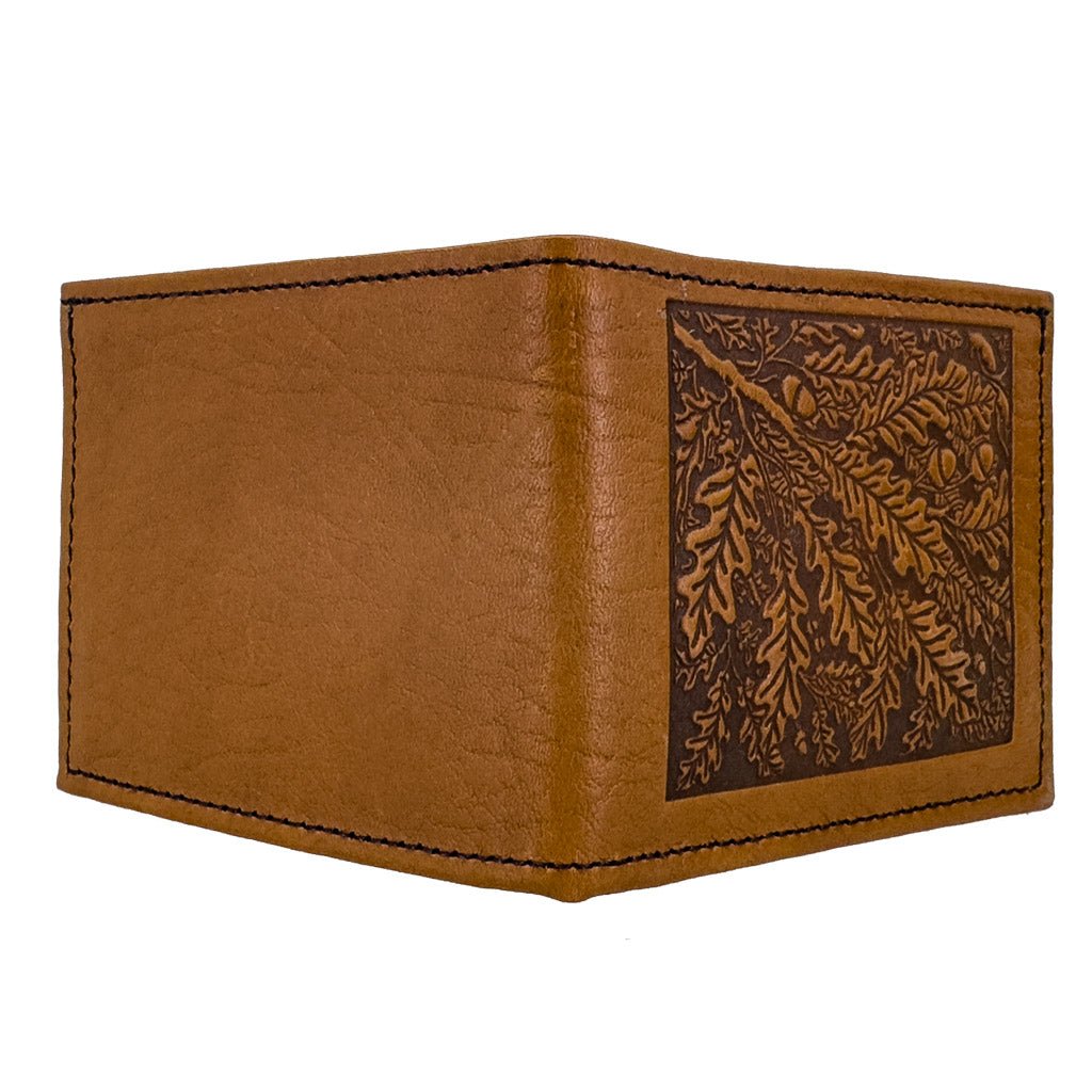 Oberon Design Leather Men's Wallet, Oak Leaves, Open