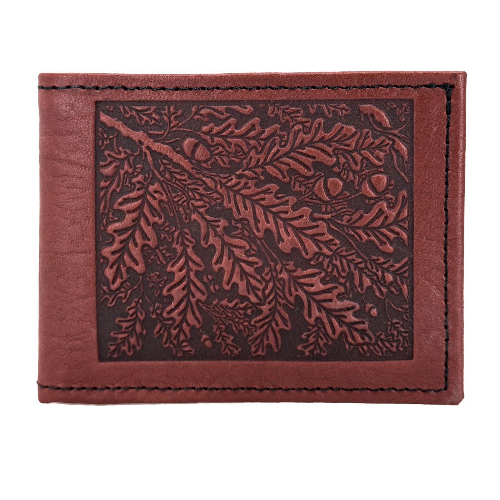 Oberon Design Leather Men's Wallet, Oak Leaves, Wine