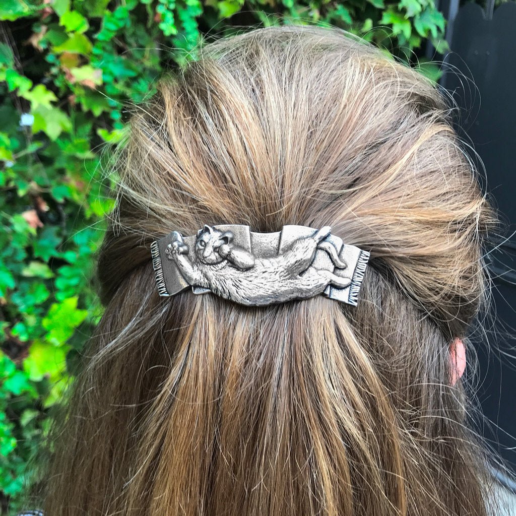 Oberon Design Hair Clip, Barrette, Hair Accessory, Playful Cat, Model 2