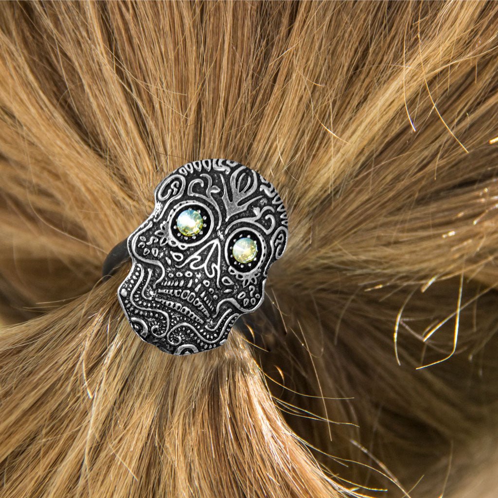 Oberon Design Ponytail Holder, Women's Hair Tie, Sugar Skull, Model - Ponytail