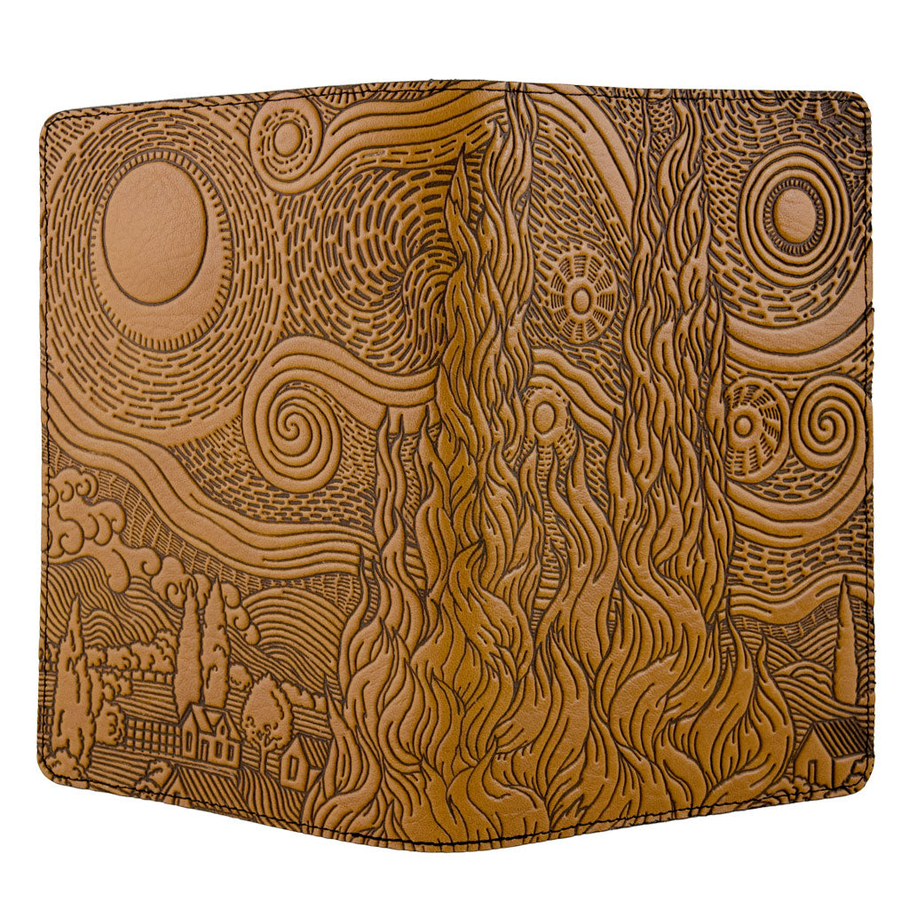 Leather Portfolio with Notepad, Pockets and Pen Holder, Van Gogh's Sky, Open