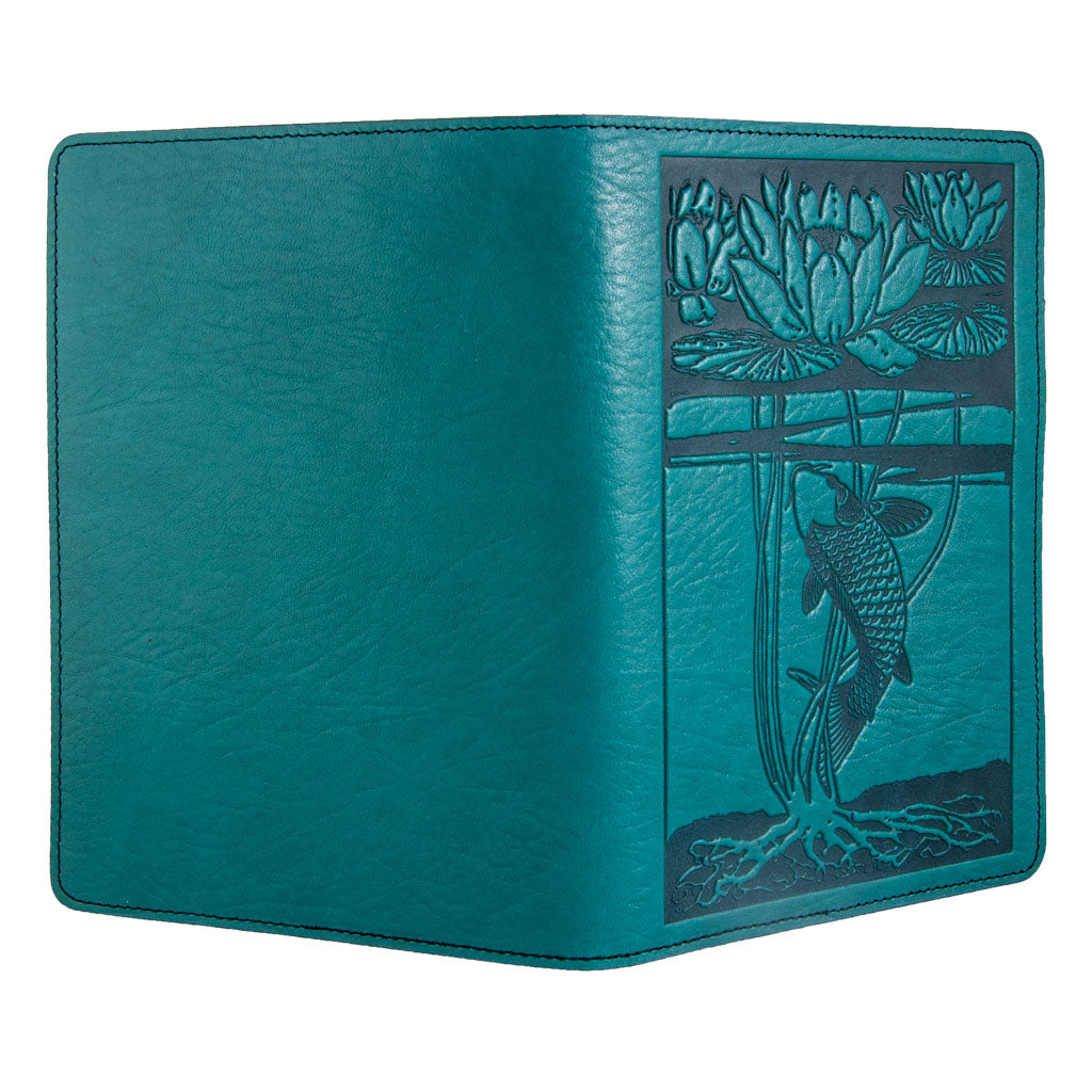 Leather Portfolio with Notepad, Pockets and Pen Holder, Water Lily Koi