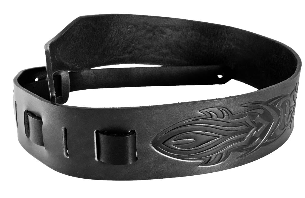 Oberon Design Hand-Crafted Adjustable Leather Guitar Strap, Tribal, Black - Adjustment