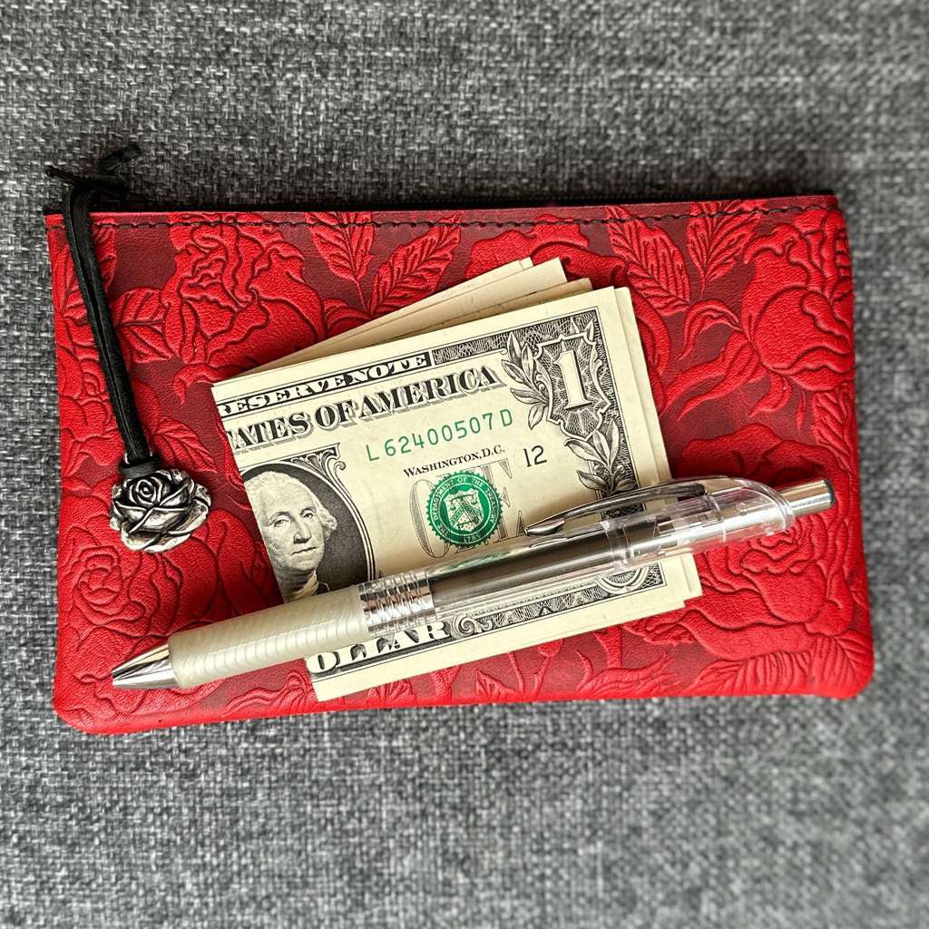 Oberon Design Leather 6 inch Zipper Pouch, Wallet, Coin Purse, Wild Rose, Red,  Contents
