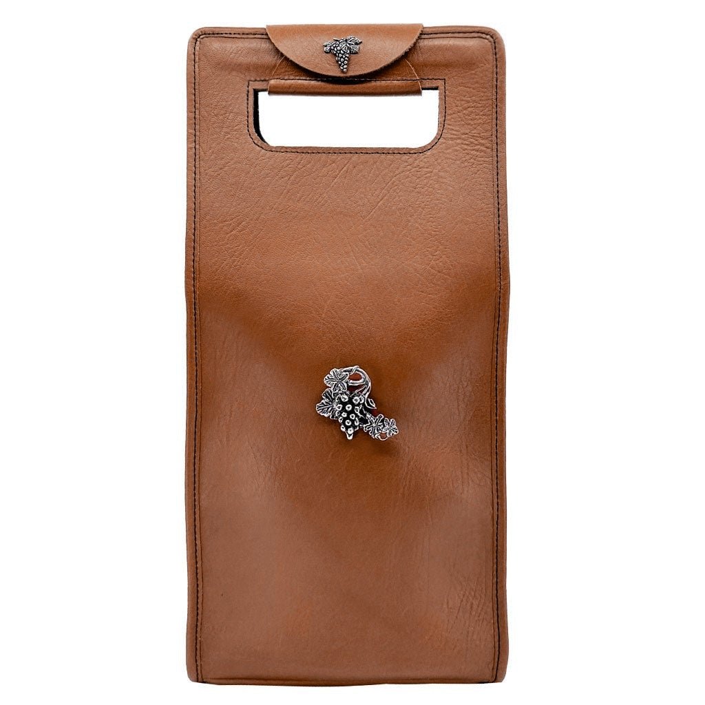 Leather wine bottle bag double saddle with grapevine medallion