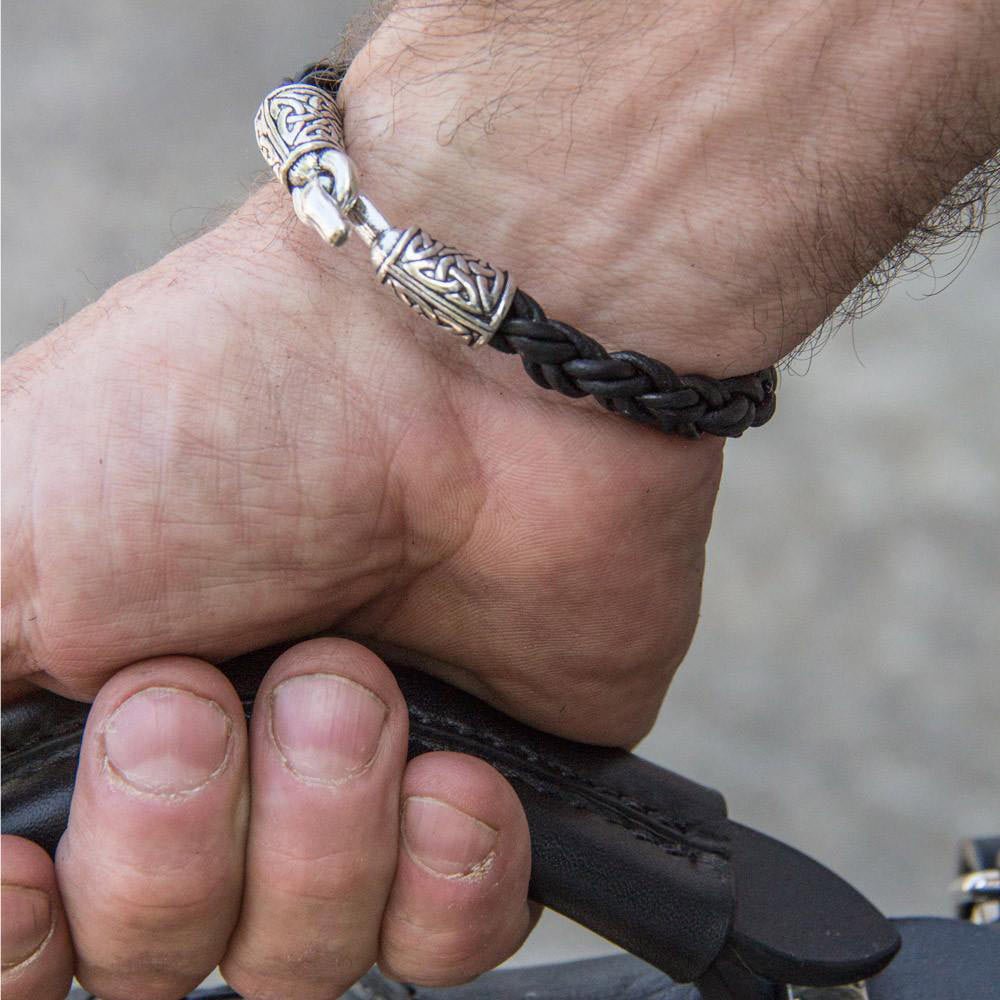 Oberon Design Celtic Braided Leather Bracelet, Black, Model