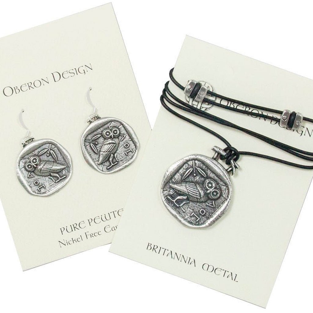 Oberon Design Athena's Owl Jewelry Set, Necklace & Earrings, Cards