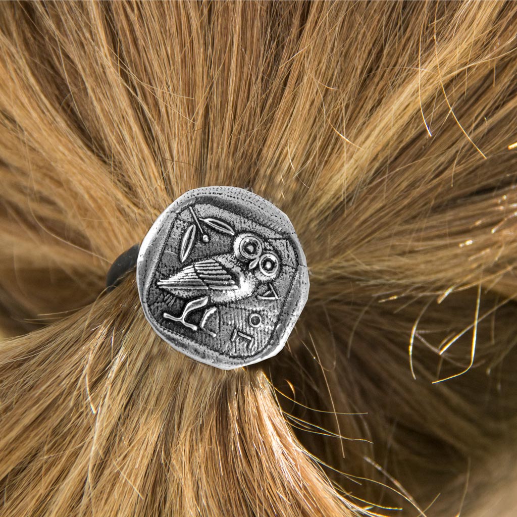 Oberon Design Ponytail Holder, Women's Hair Tie, Athena's Owl, Ponytail