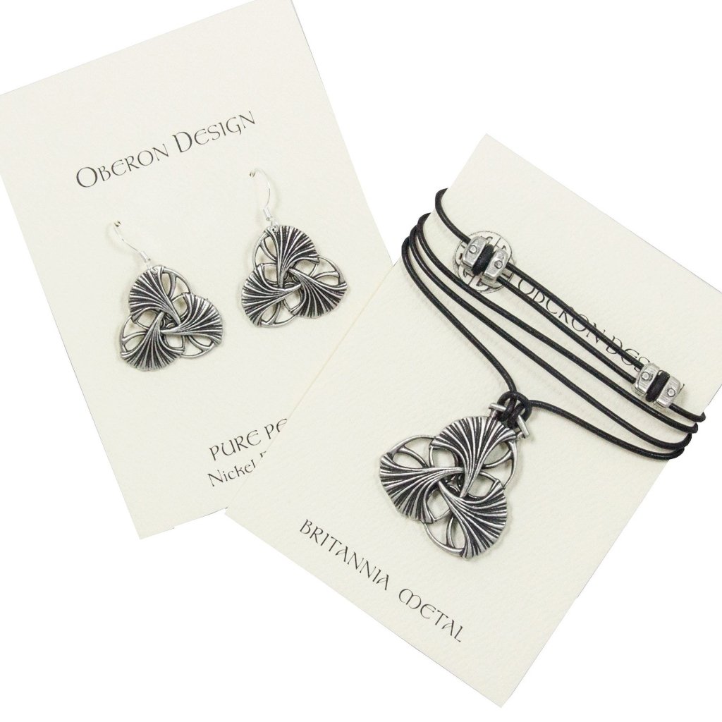 Oberon Design Art Nouveau Ginkgo Jewelry Set, Necklace & Earrings, Cards