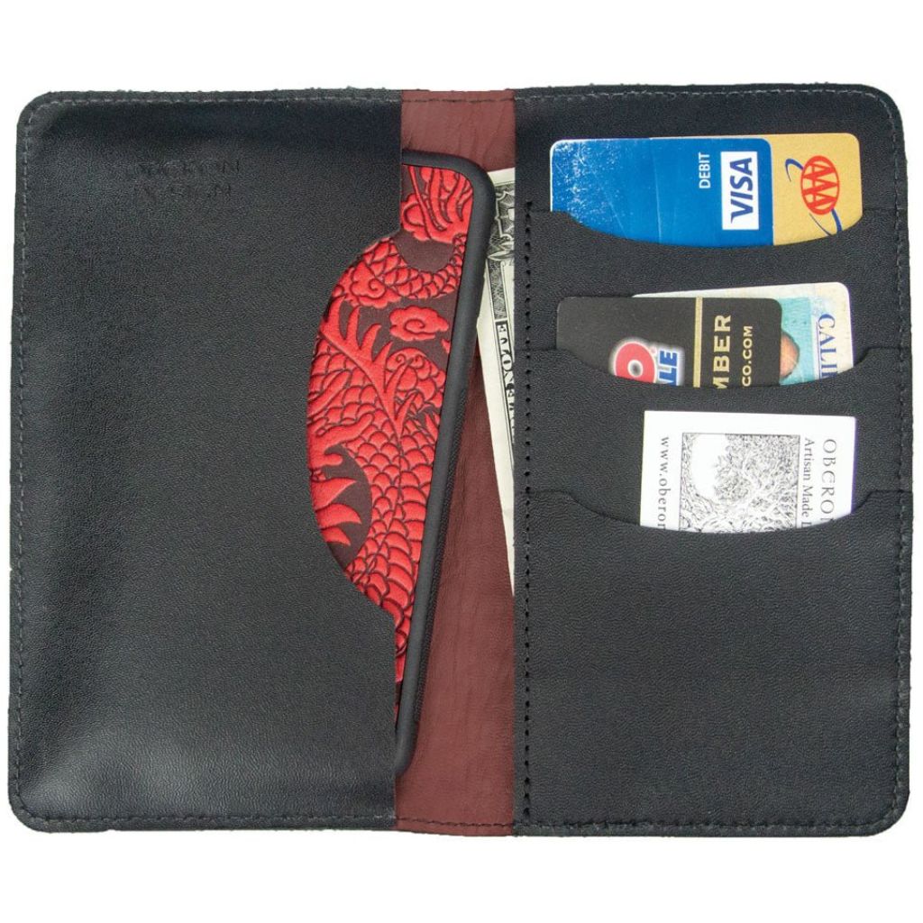 Oberon Design Large Leather Smartphone Wallet, Celtic Hounds, Interior with phone