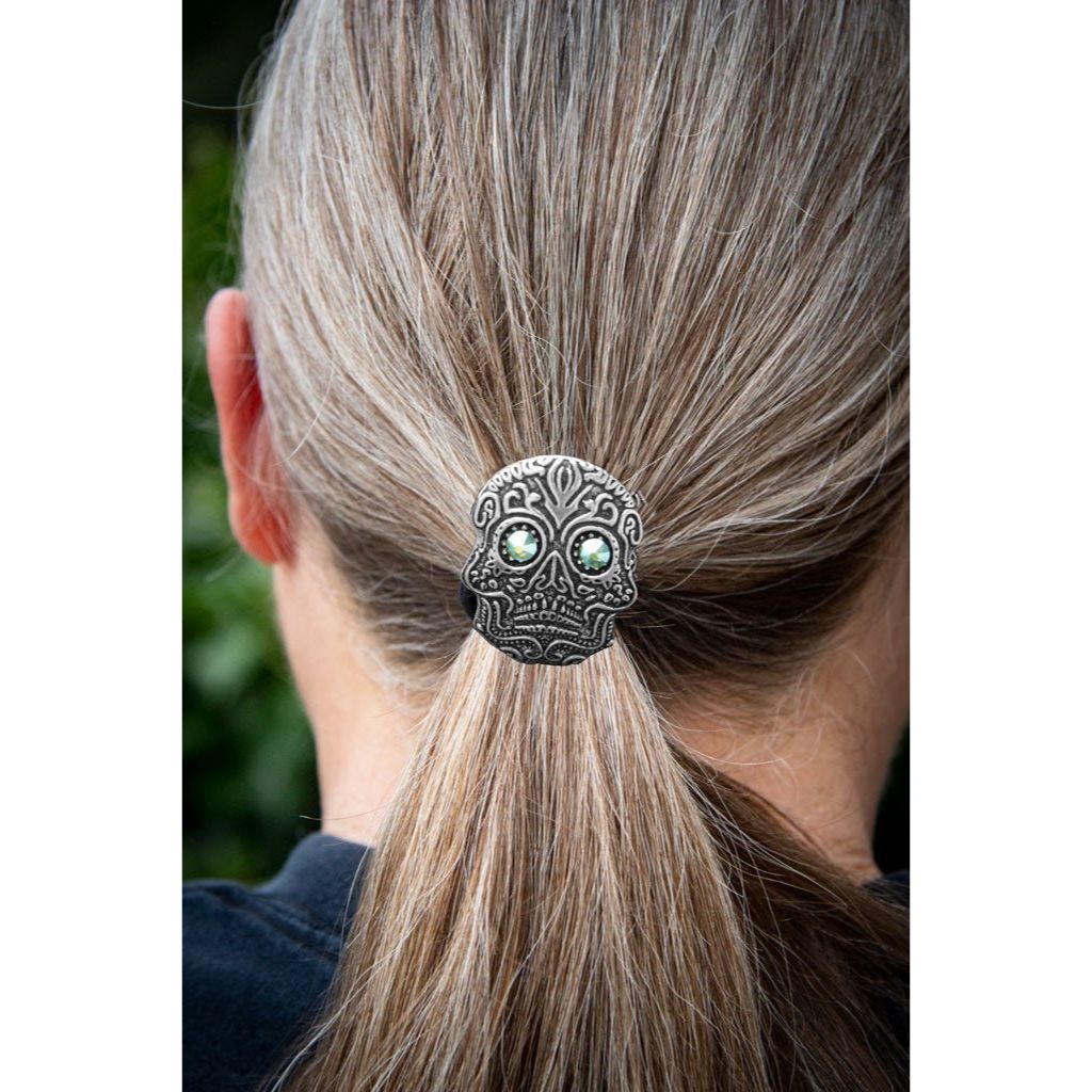 Oberon Design Ponytail Holder, Women's Hair Tie, Sugar Skull, Model