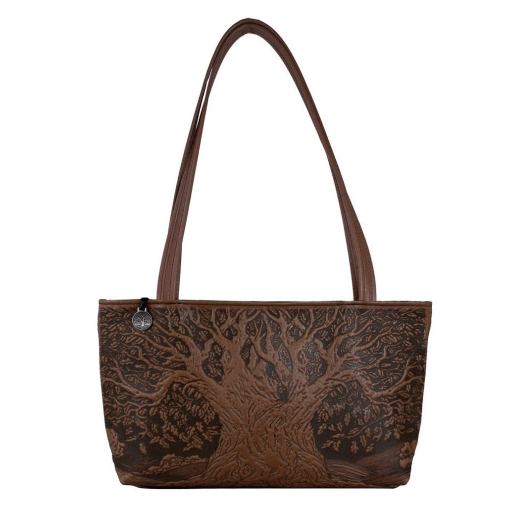 Oberon Design Leather Women's Handbag, Tree of Life Streamline, Chocolate