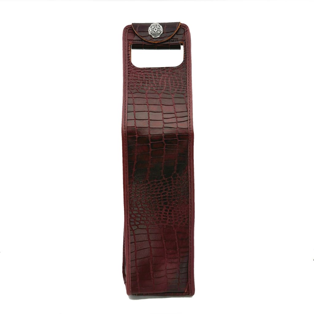 Alligator wine bottle bag with celtic button full front