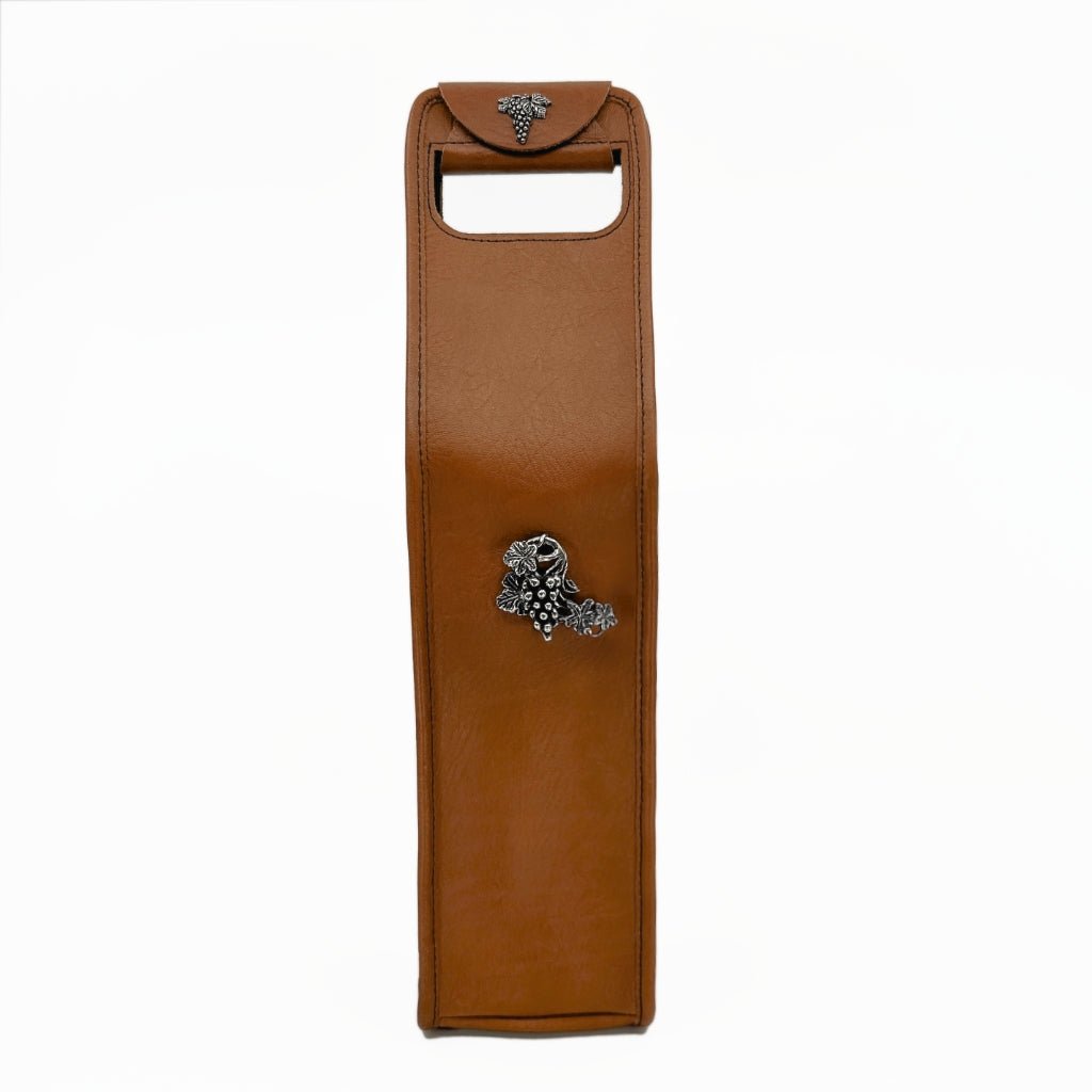 Wine bottle bag in saddle with grape medallion