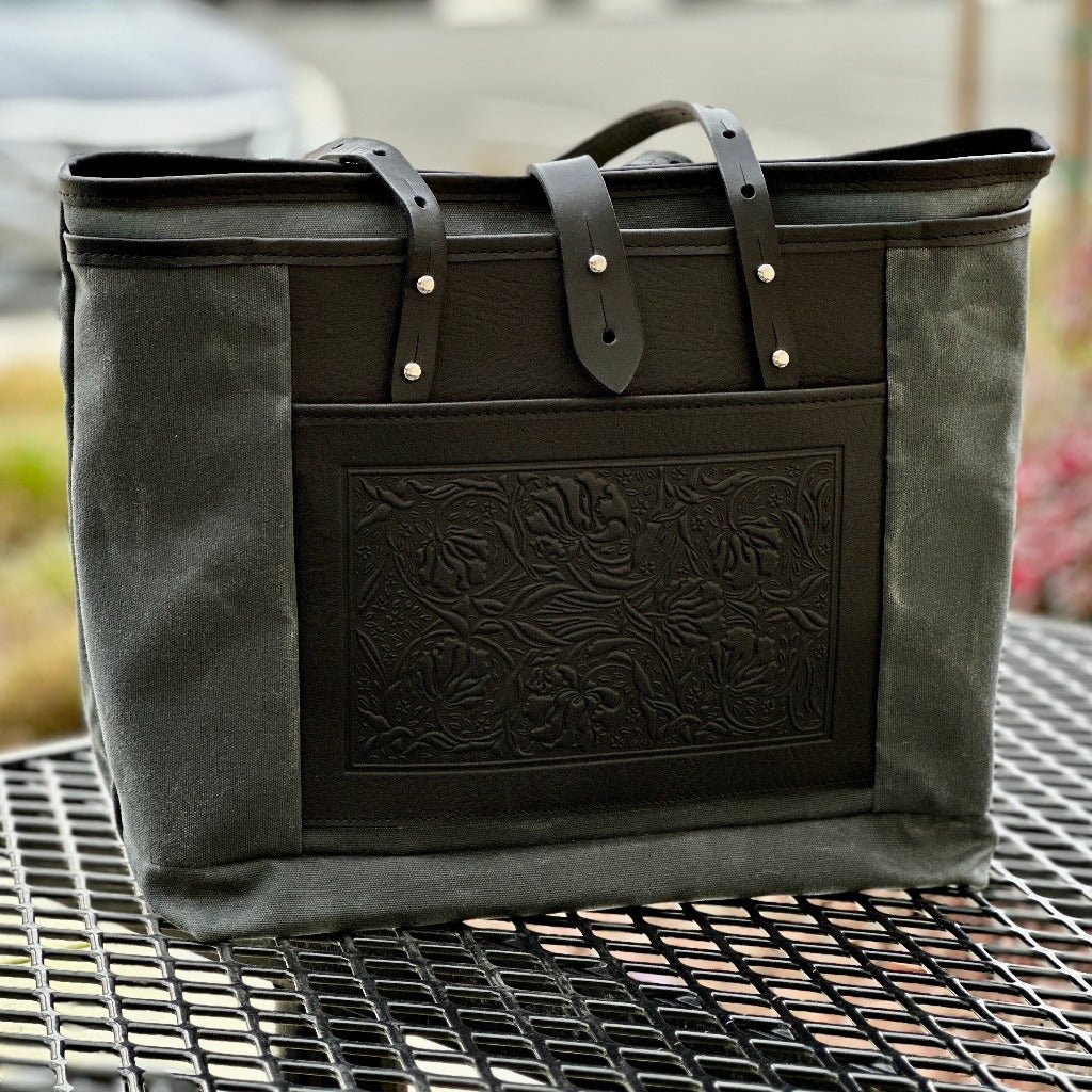 Everyday Tote, Waxed Canvas and Leather, William Morris Tulips, Tan and Wine, Model