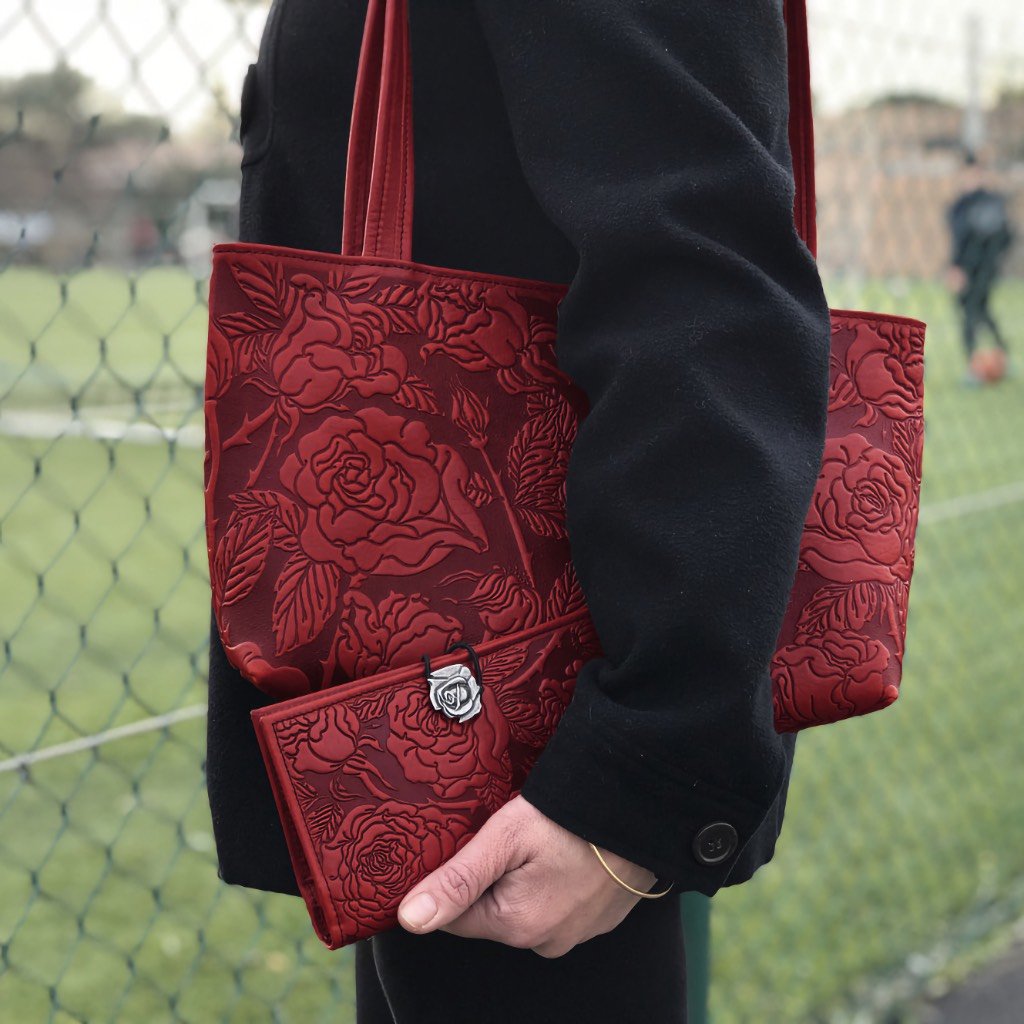 Oberon Design Premium Leather Women's Wallet and handbag, Wild Rose, Red