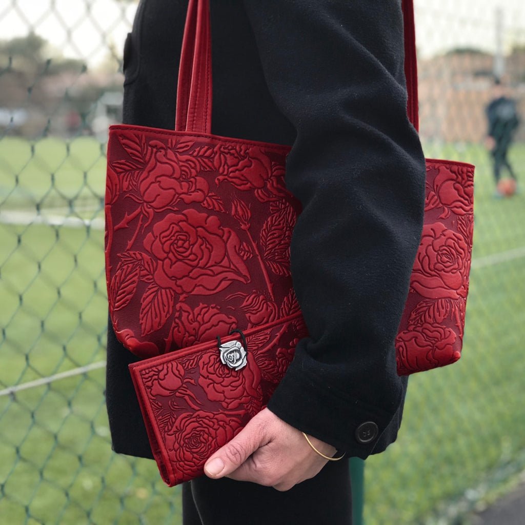Oberon Design Leather Women's Handbag, Wild Rose Streamline with wallet, Red, lifestyle