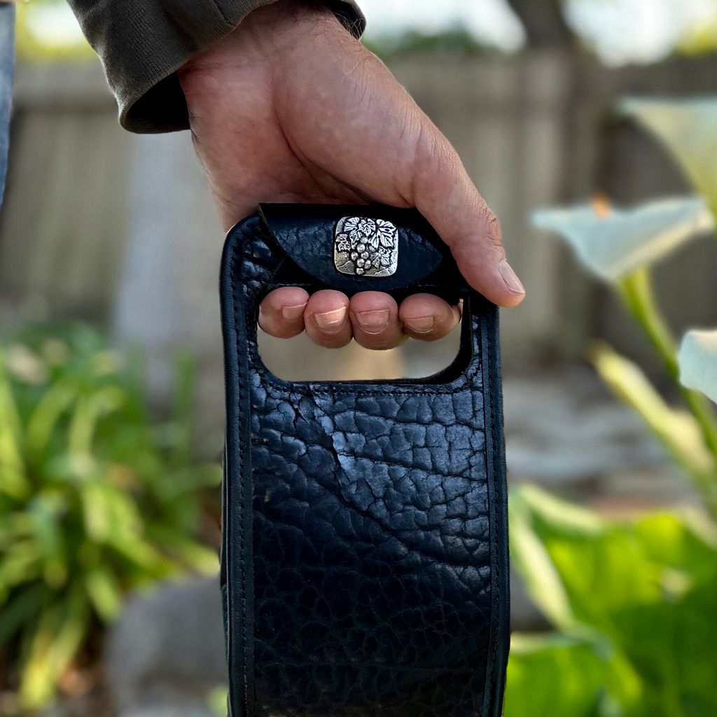 wine bottle bag square button detail in model hand